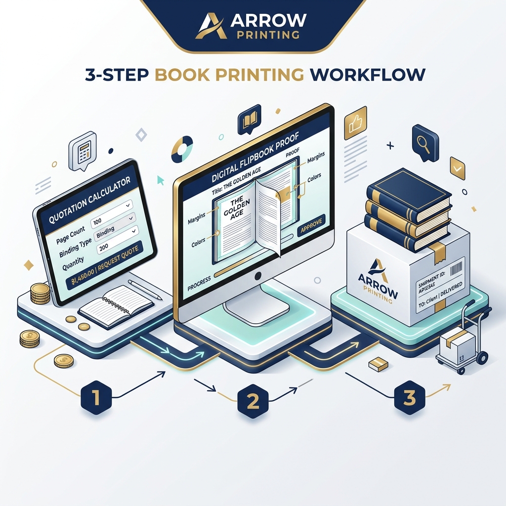Book printing process: configure, upload, print, deliver